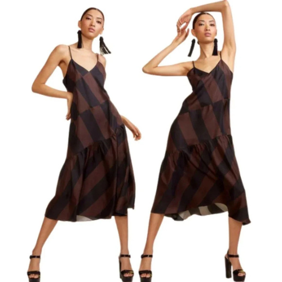 New! Cynthia Rowley Olivia striped slip midi Dress black brown nwt 18421 - Picture 1 of 11
